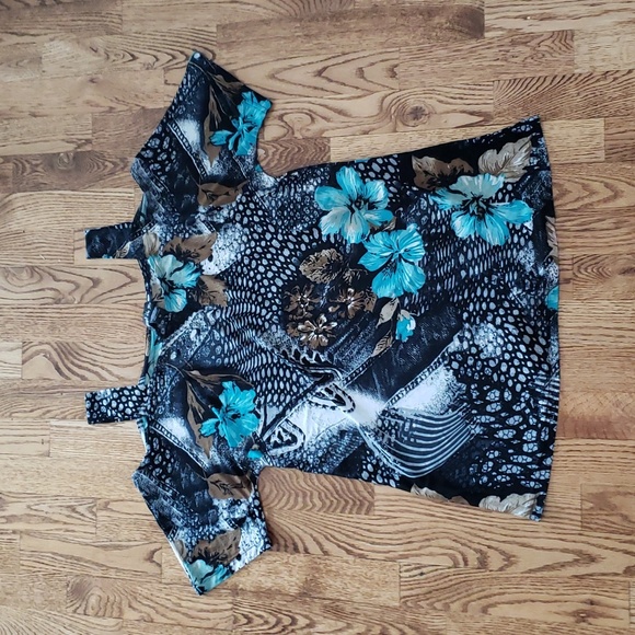 (M) Forget Me N♡t  Flower Print Cold Shoulder Top Bohemian Vacation Vibes - Picture 1 of 7